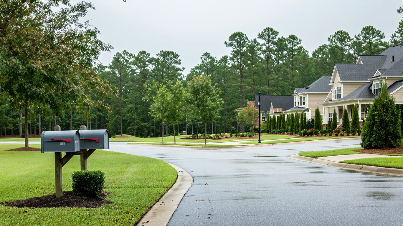 A suburban neighborhood street in Brookhaven, Georgia with a sidewalk curving past a cluster of mailboxes and small ranch homes visible in the background.