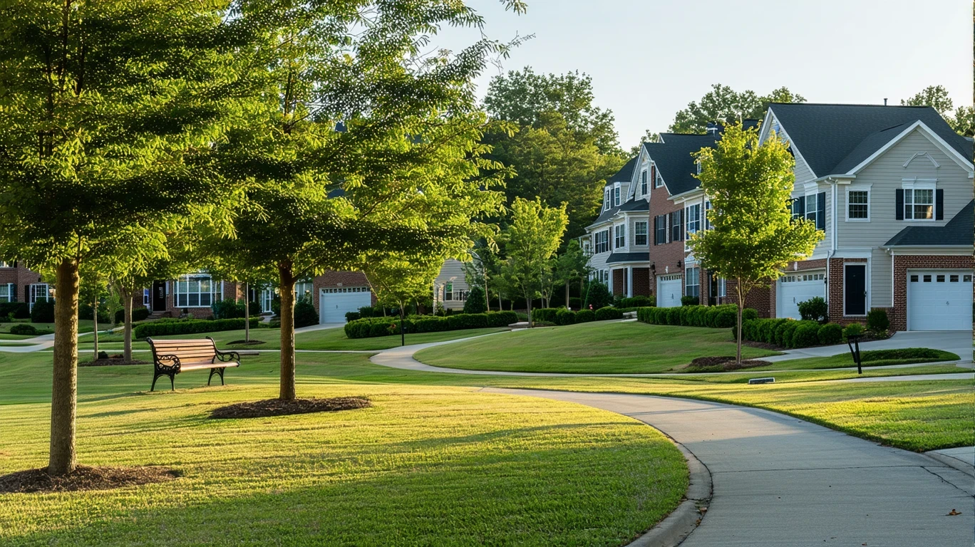 A grassy neighborhood park in Alpharetta, Georgia with a walking path, bench, and glimpse of surrounding two-story homes across the street.