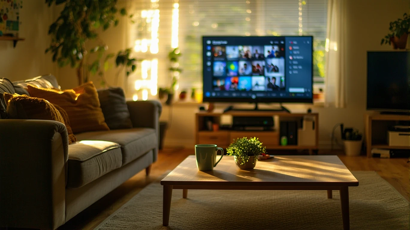 A living room with a TV showing a streaming app, illuminated by natural light.