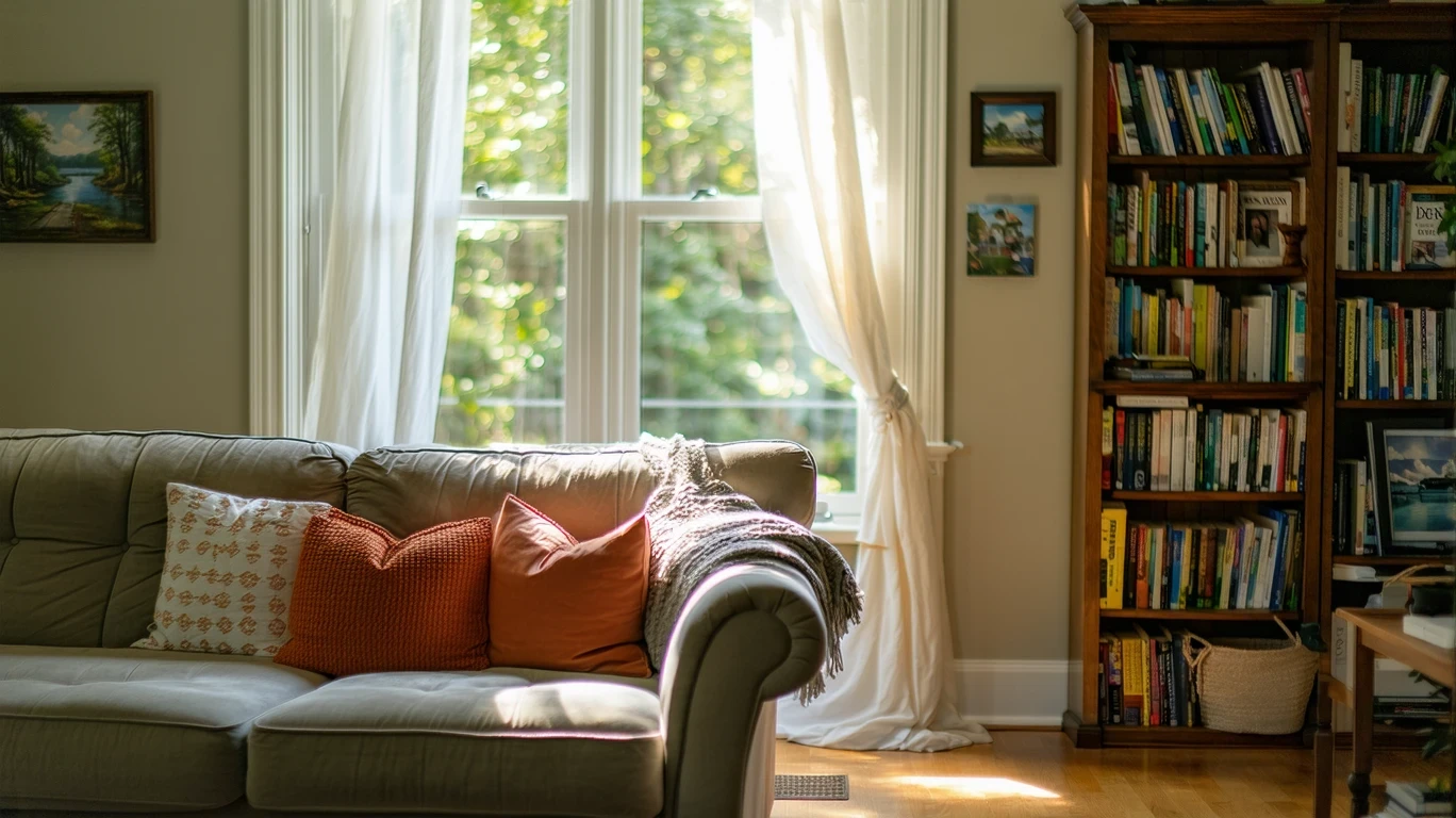 A sunlit living room with a couch and bookshelf in a Brookhaven, Georgia home.