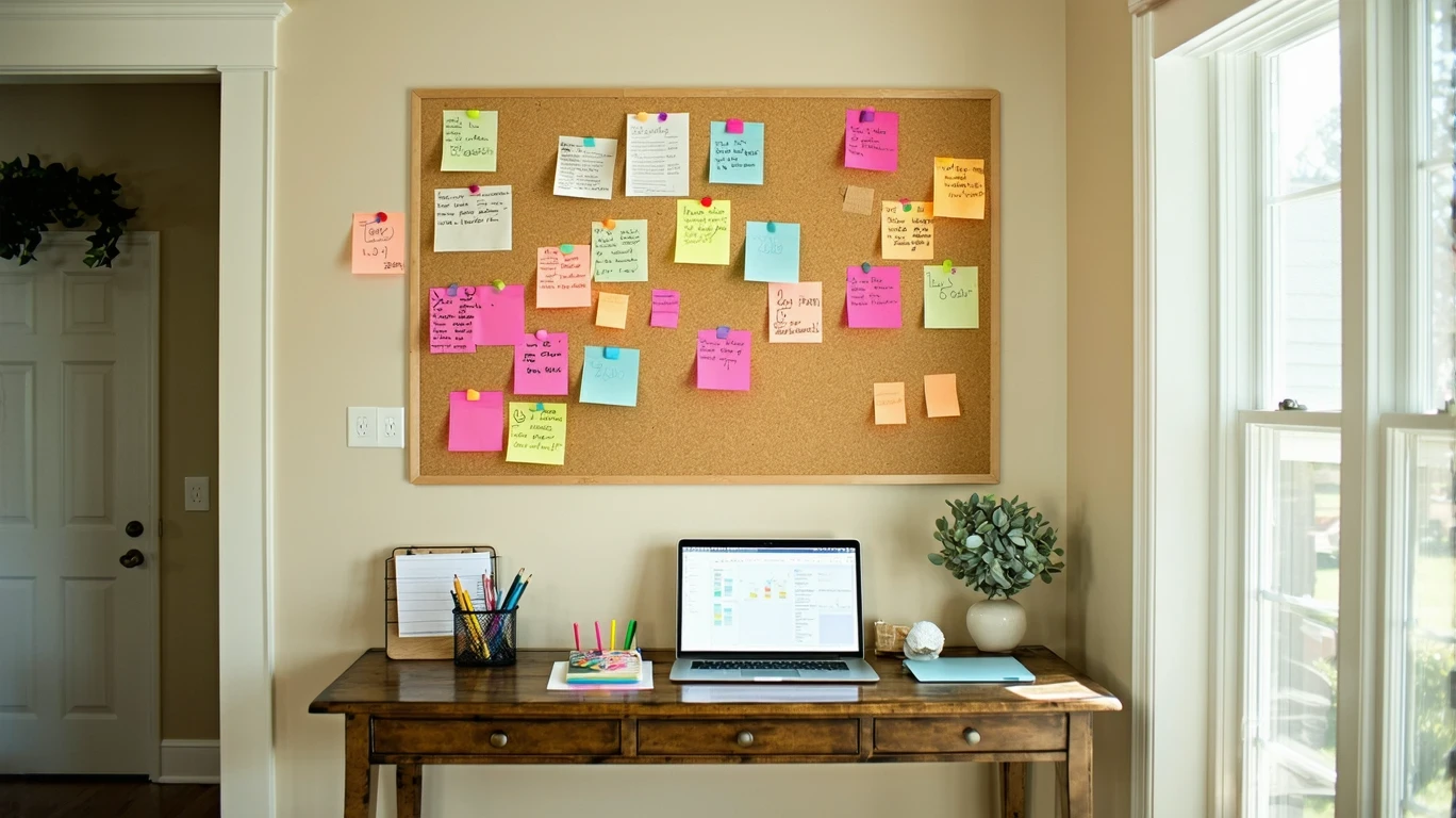 A corkboard with utility bills and budget notes in a Brookhaven home office nook.