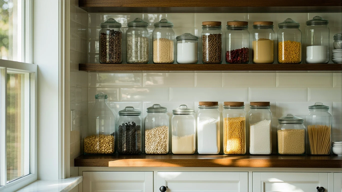 A pantry shelf with glass containers of beans, pasta and rice.