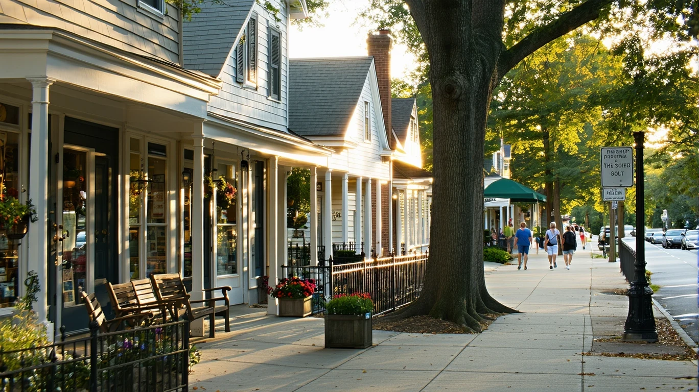 Quaint storefronts beside a tree-lined neighborhood street in Brookhaven, Georgia in the late afternoon light.
