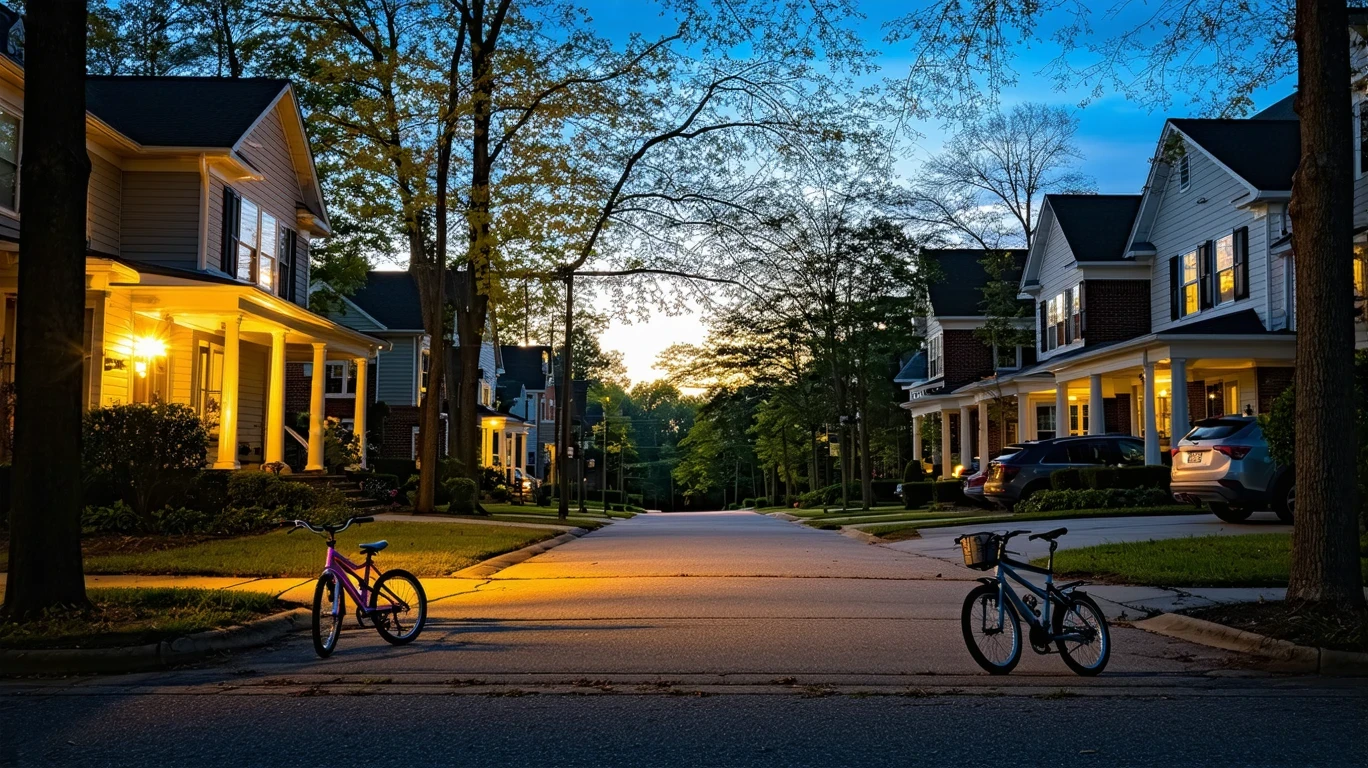 A residential cul-de-sac in Brookhaven, Georgia at dusk with porch lights coming on and a child's bicycle near the curb.