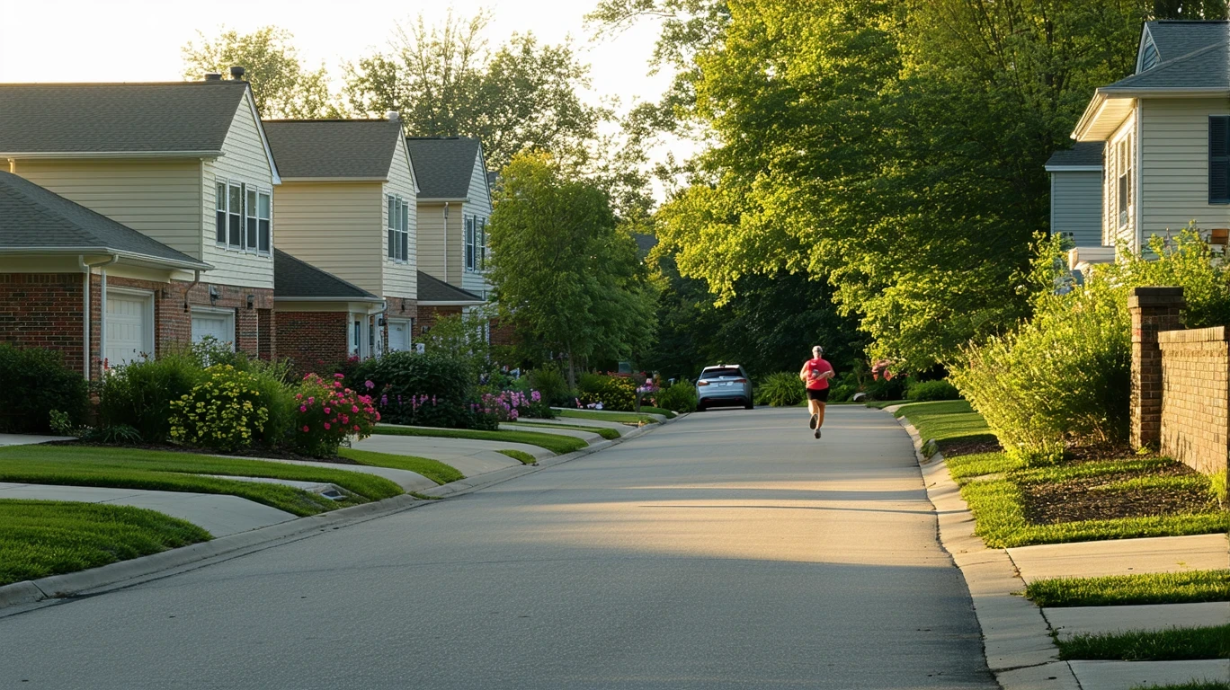 Suburban cul-de-sac entrance with brick wall, native landscaping, and sunlit homes in morning light.