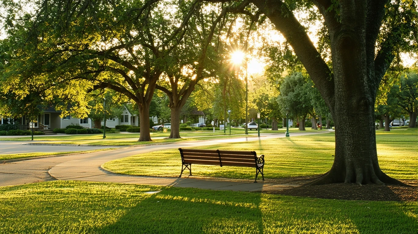Sunlit park lawn with oak trees, empty benches, and walking path in late afternoon light.