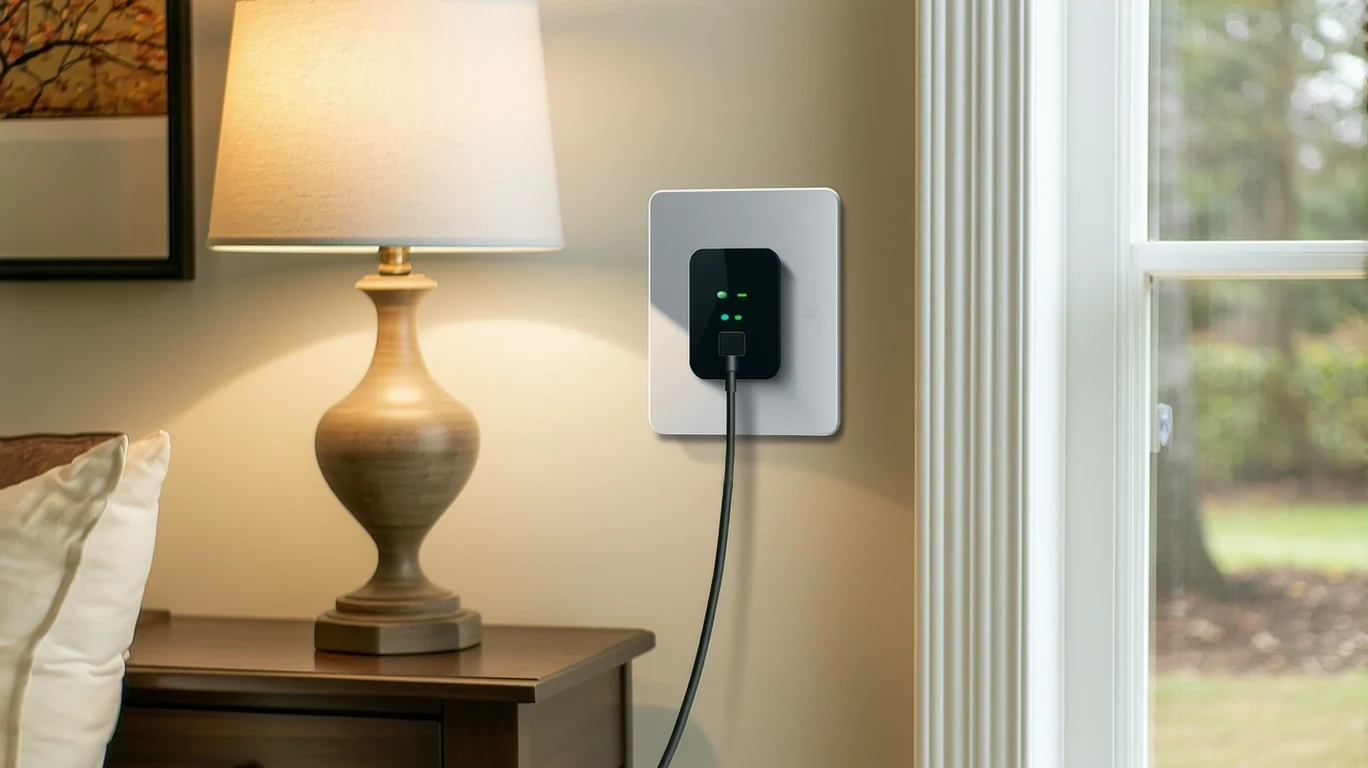 Smart plug and lamp connected to wall outlet in bright living room.