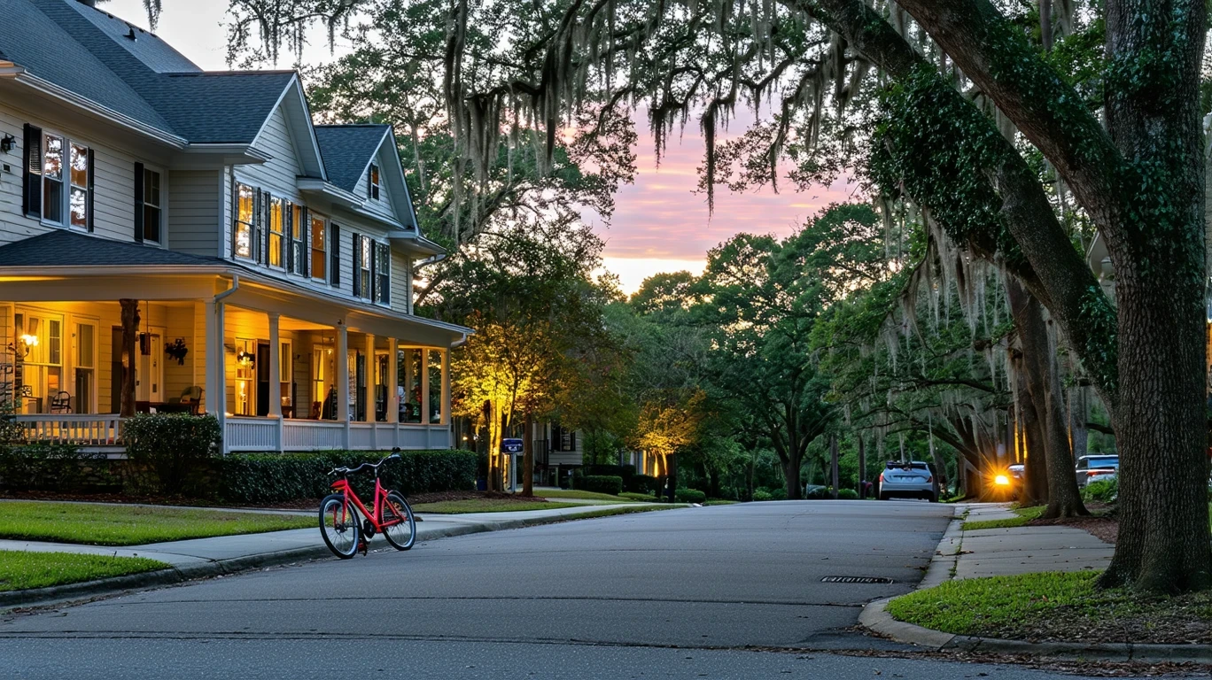 A small cul-de-sac in Brookhaven, GA at dusk with Craftsman homes, a child's bicycle, and trees.