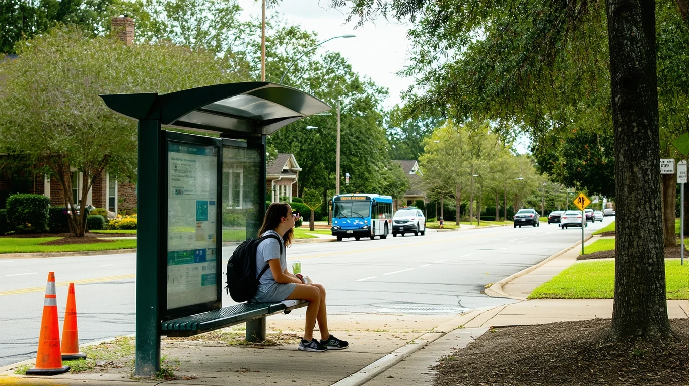 A young woman waiting at a bus stop bench on a sunny day in Brookhaven, Georgia.