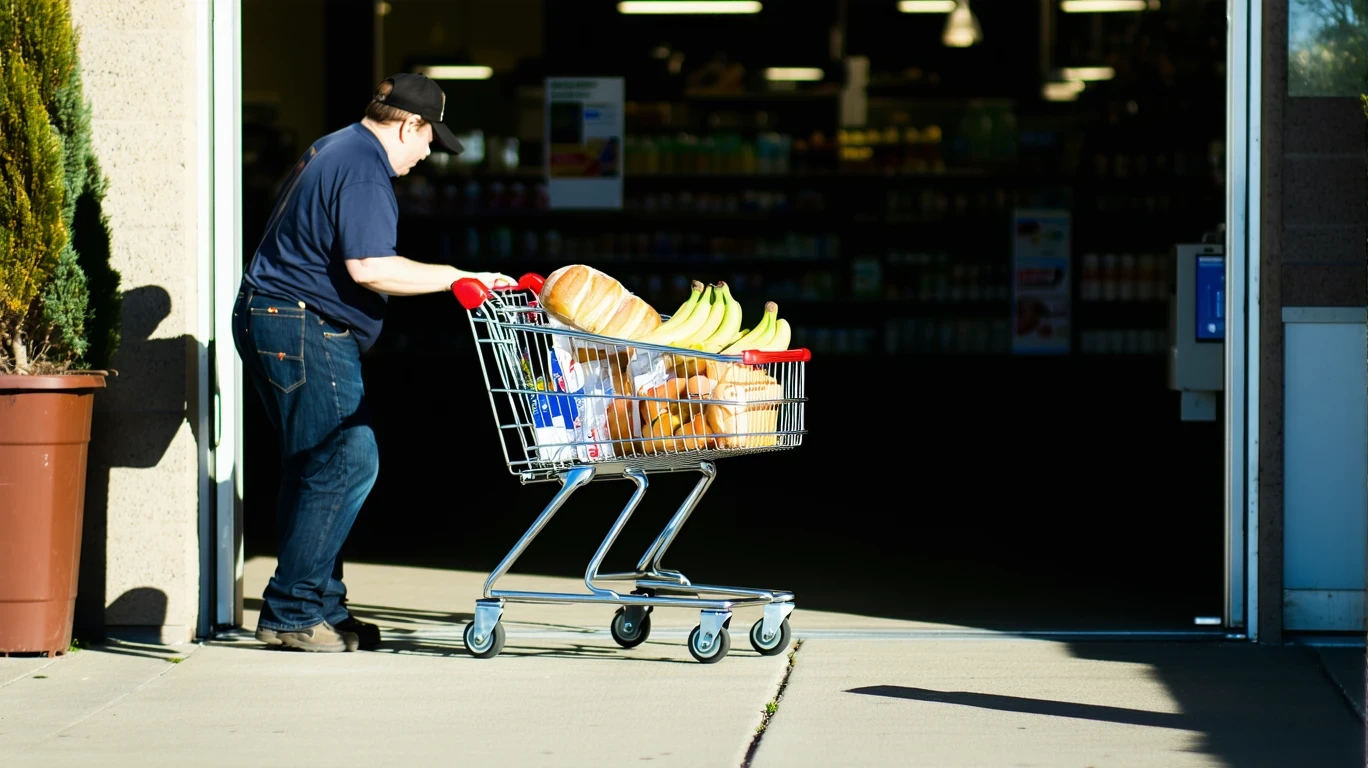 A grocery cart half-filled with bread, eggs, bananas and other basics, paused at the entrance of a local market on a sunny day.
