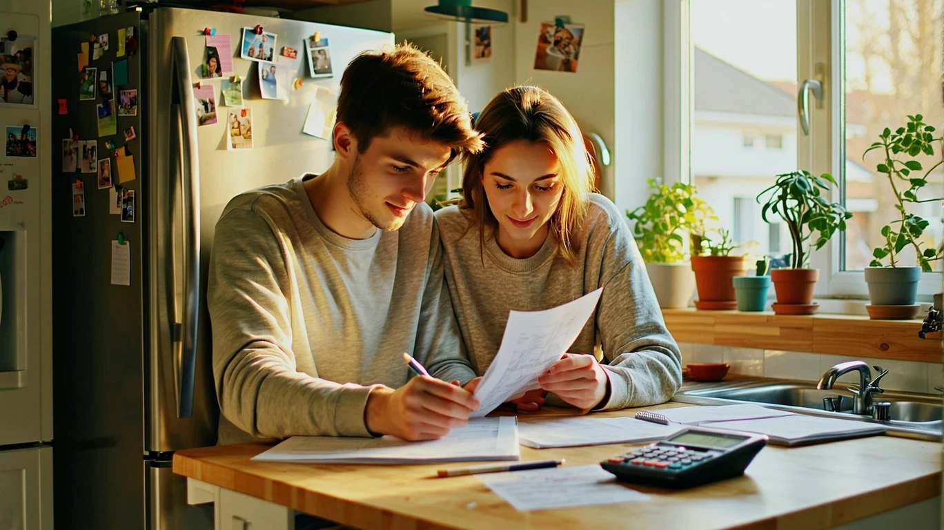 A couple reviewing their monthly budget at a kitchen table in the evening.