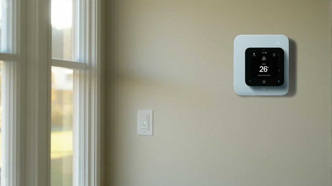 A thermostat on the wall of a tidy residential hallway with natural light.