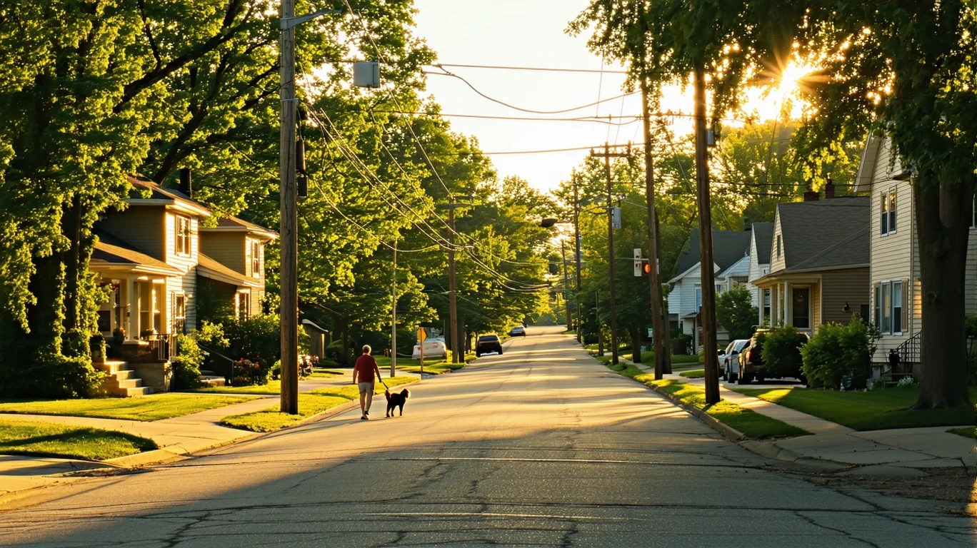 Sunlight filtering through maple trees on a suburban street in Brooklyn Park, Minnesota, with a person walking their dog on the sidewalk.