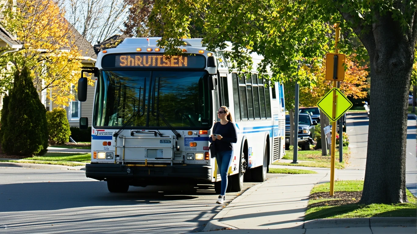 Woman boarding regional shuttle bus in suburban neighborhood on clear fall day.