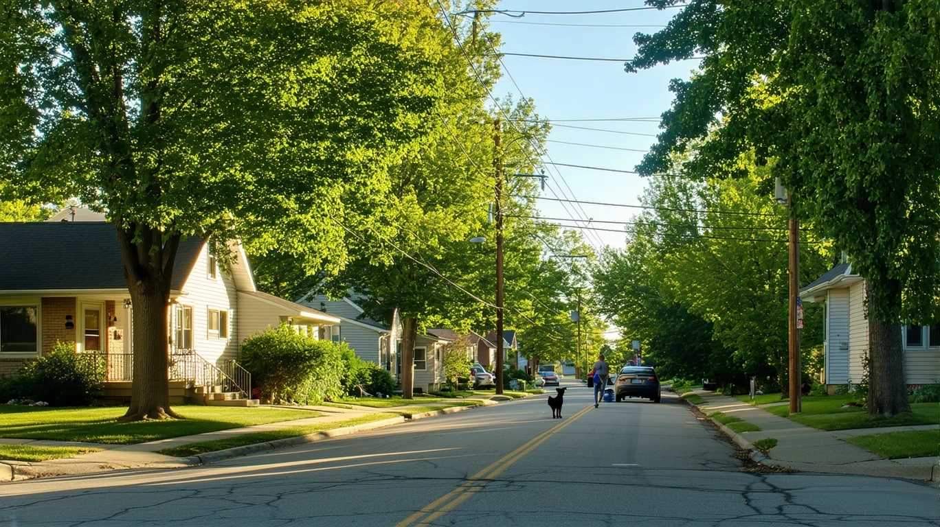A sunny residential street in Brooklyn Park, Minnesota lined with maple trees and tidy homes.