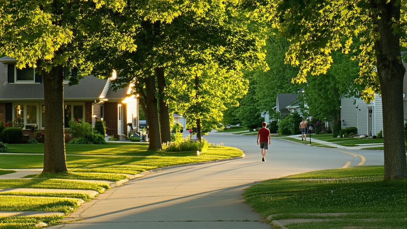 Tree-lined sidewalk curving through a suburban neighborhood with houses visible.
