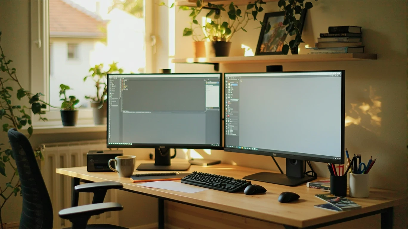 A tidy home office desk with dual monitors and peripherals near a window.