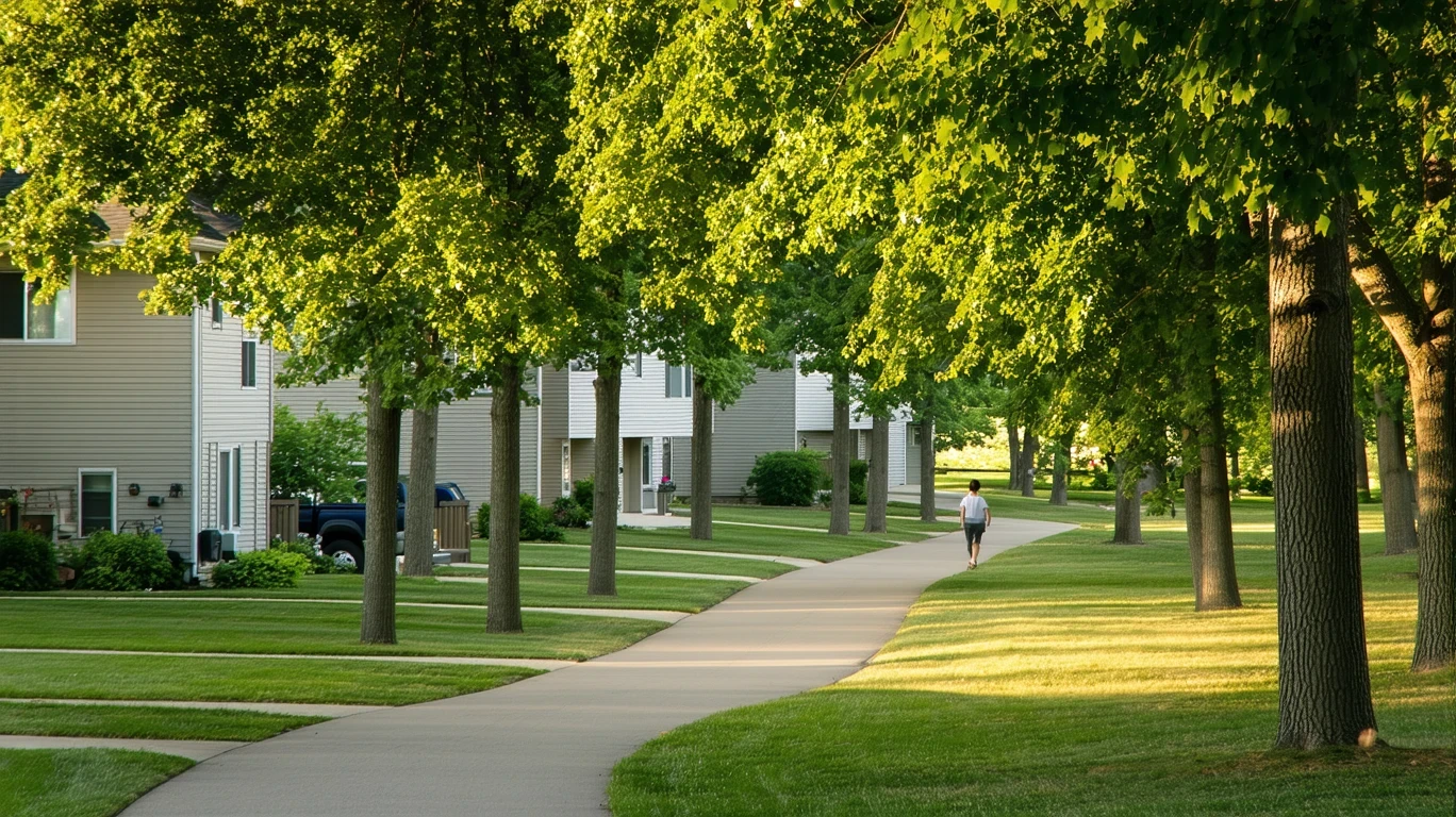 Tree-lined suburban street in Brooklyn Park with sidewalk and homes visible.