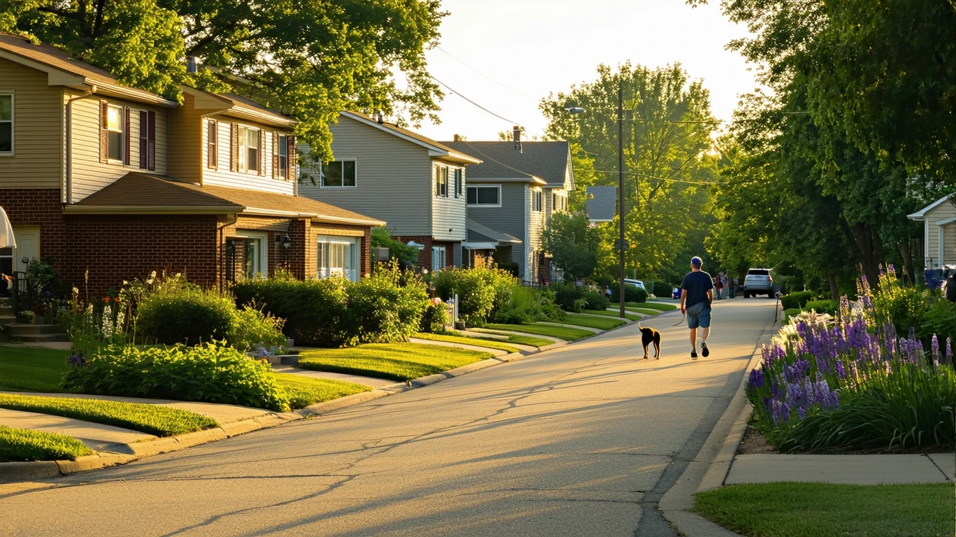 A tidy suburban cul-de-sac in early morning light, with well-kept homes, native plants, and a person walking their dog in the distance.