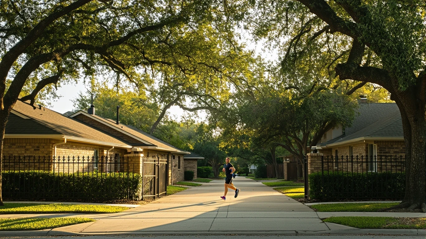 Quiet residential street in Buda, TX at sunrise with one-story homes, oak trees casting long shadows, and a jogger on the sidewalk.