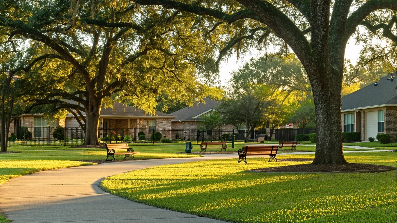A tranquil neighborhood park in Buda, Texas with empty benches beneath old oak trees and golden afternoon light.