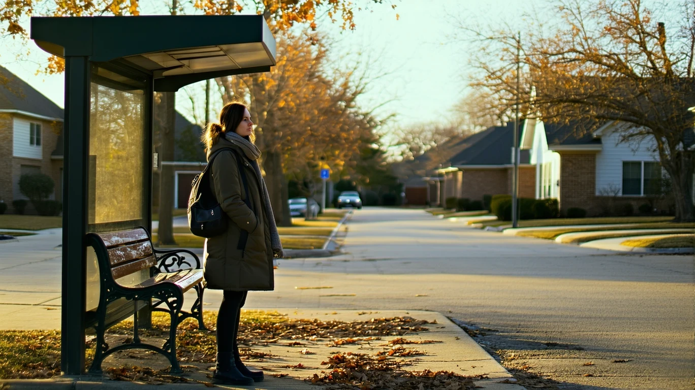 A young woman waits at a suburban bus stop on a clear morning in Buda, Texas.