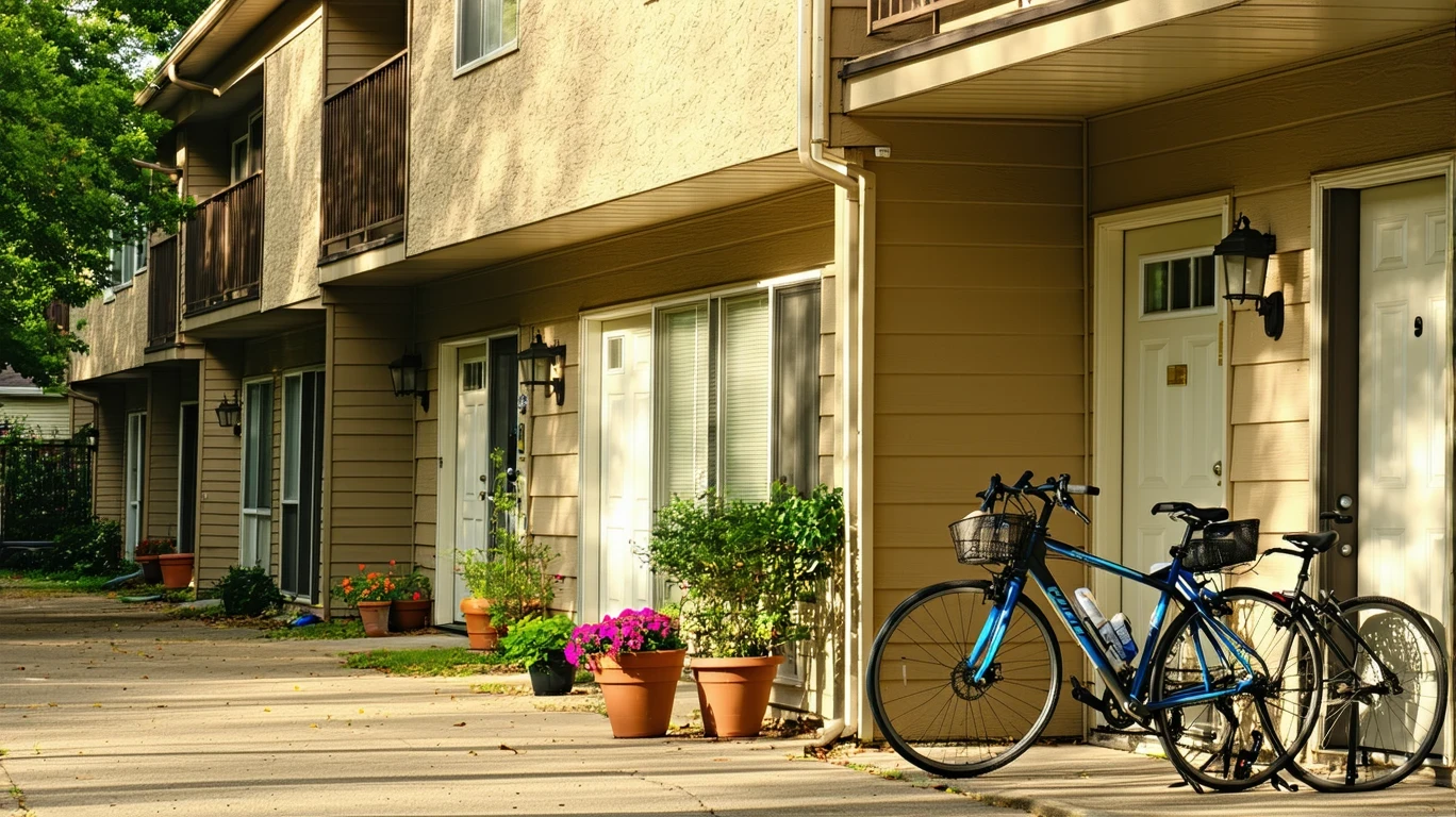 Apartment row with potted plants and bikes in Buda, TX