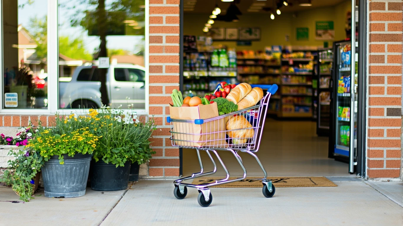 A half-full grocery cart paused at the entrance of a small local market in Buda, Texas on a pleasant afternoon.