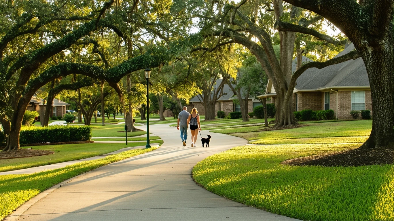 A tree-lined sidewalk curving past well-kept homes in a peaceful Buda neighborhood.