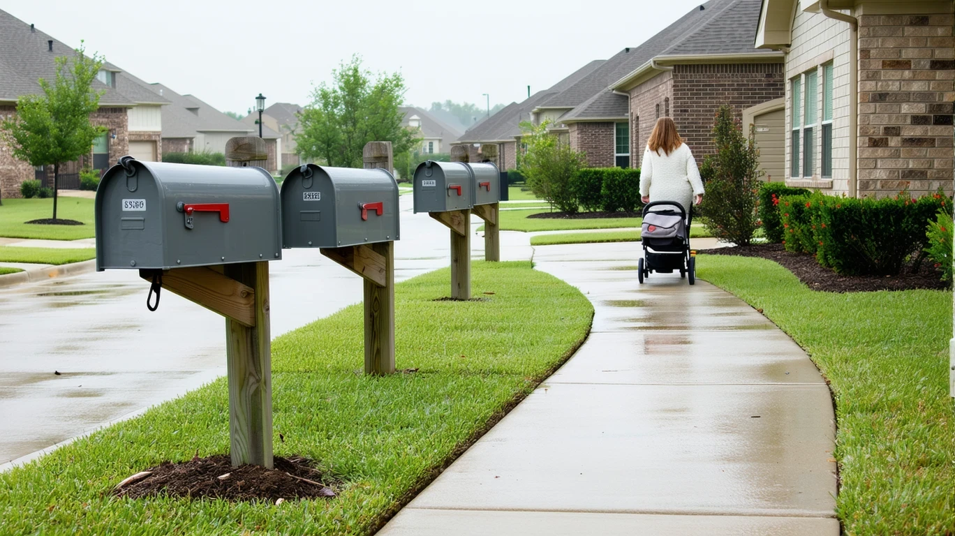A sidewalk curving past mailboxes and newer homes on a overcast day in Pflugerville.