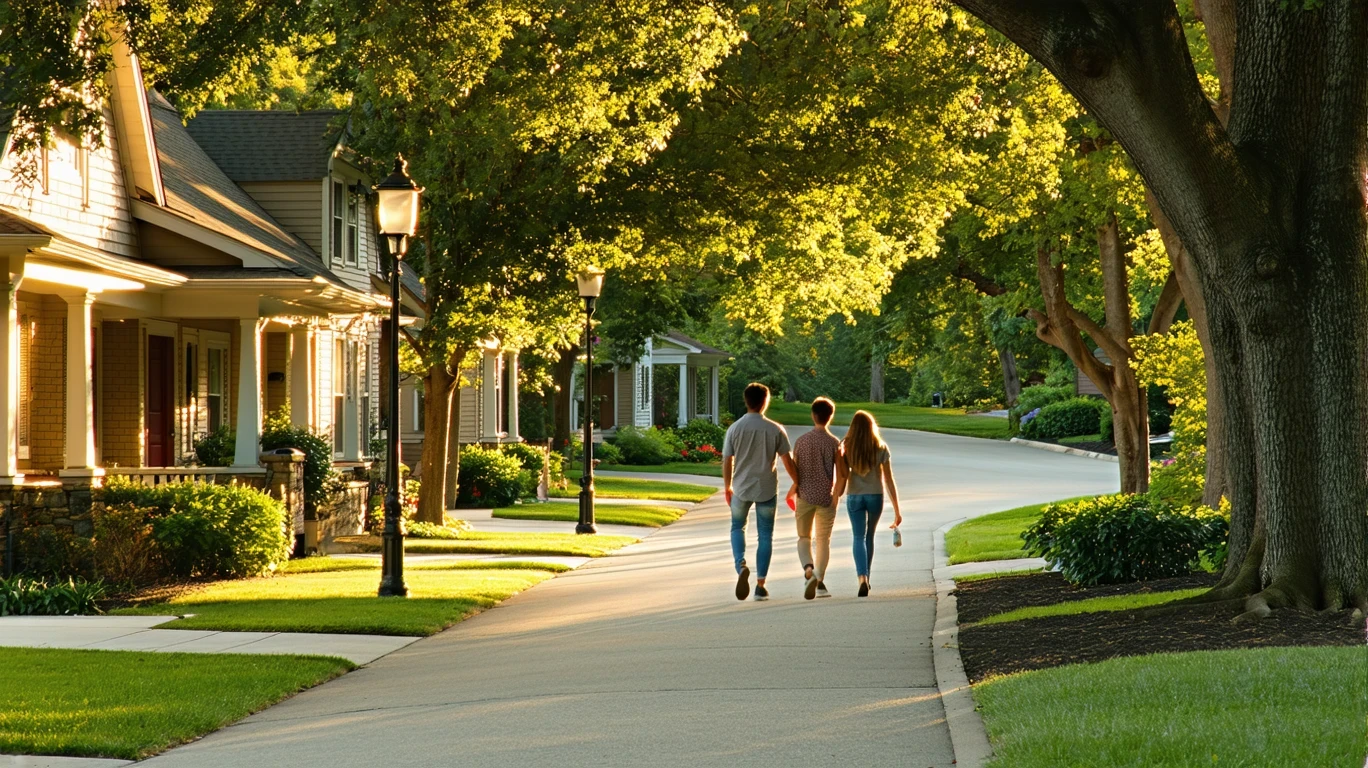 A tree-lined suburban street in Buda, Texas with a couple walking on the sidewalk.