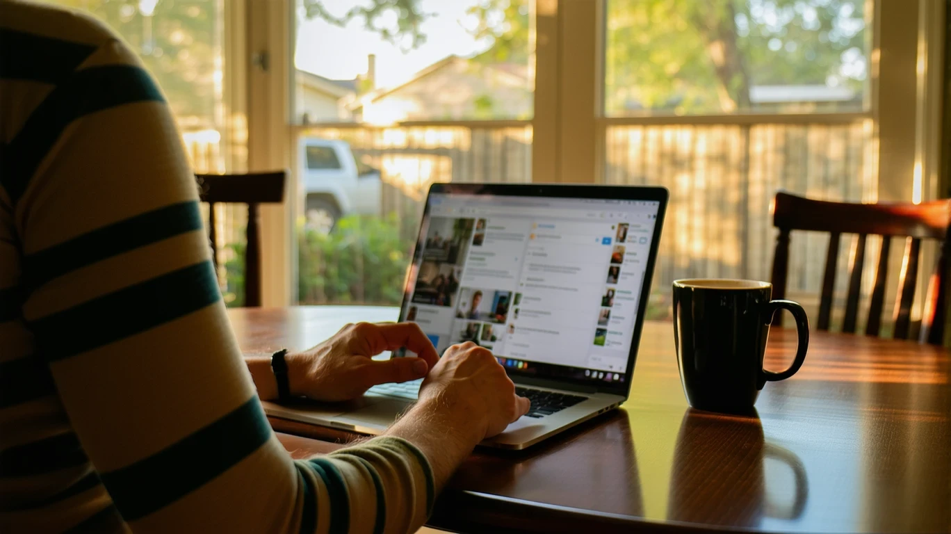 Person looking at streaming options on laptop in kitchen, with coffee mug on table.