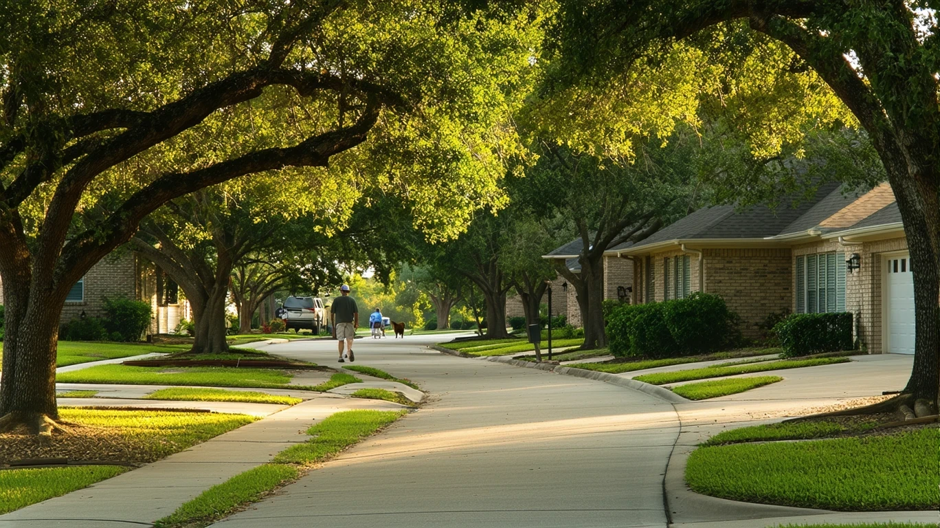 A tree-lined suburban street in Buda, Texas with a sidewalk curving past well-kept homes.