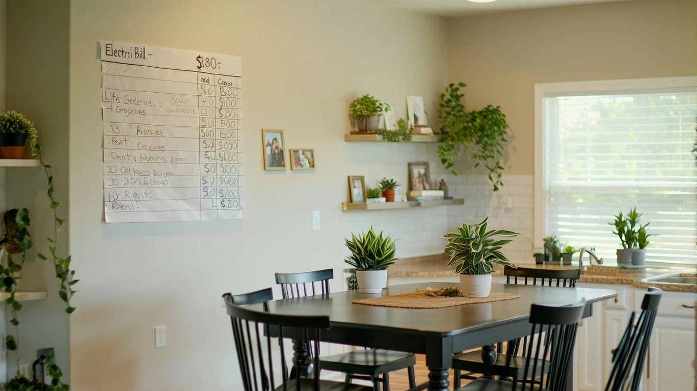 A dining room wall with a whiteboard listing monthly bills and expenses in a Buda, TX home.