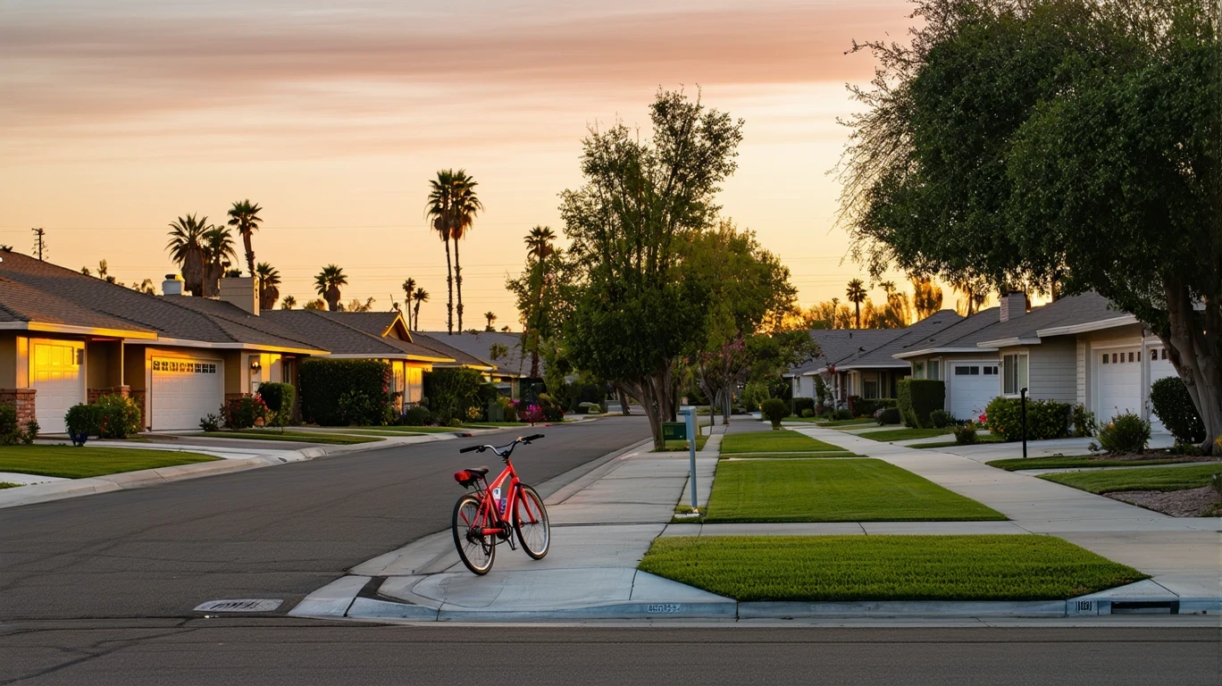 A small suburban cul-de-sac at dusk with houses, trees, and a child's bicycle near the curb.