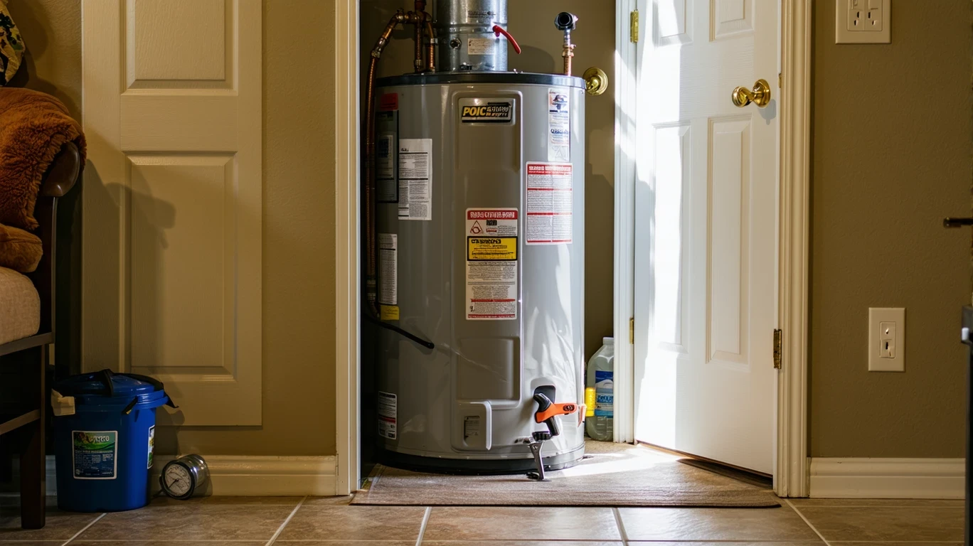 Interior view of a home utility closet with a water heater, wrench, and scuffed floor tiles.