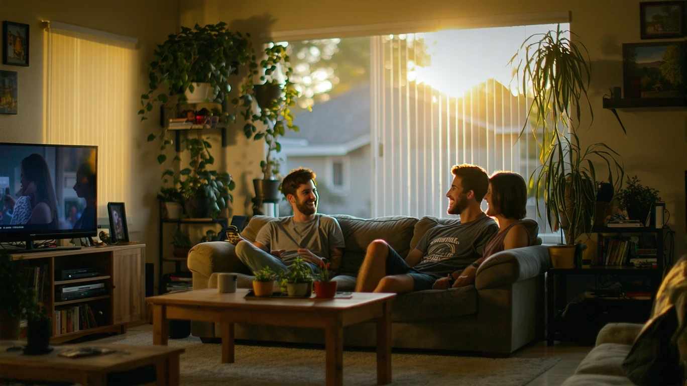 Two roommates laughing together on a couch in a dimly lit living room, with a TV paused in the background.