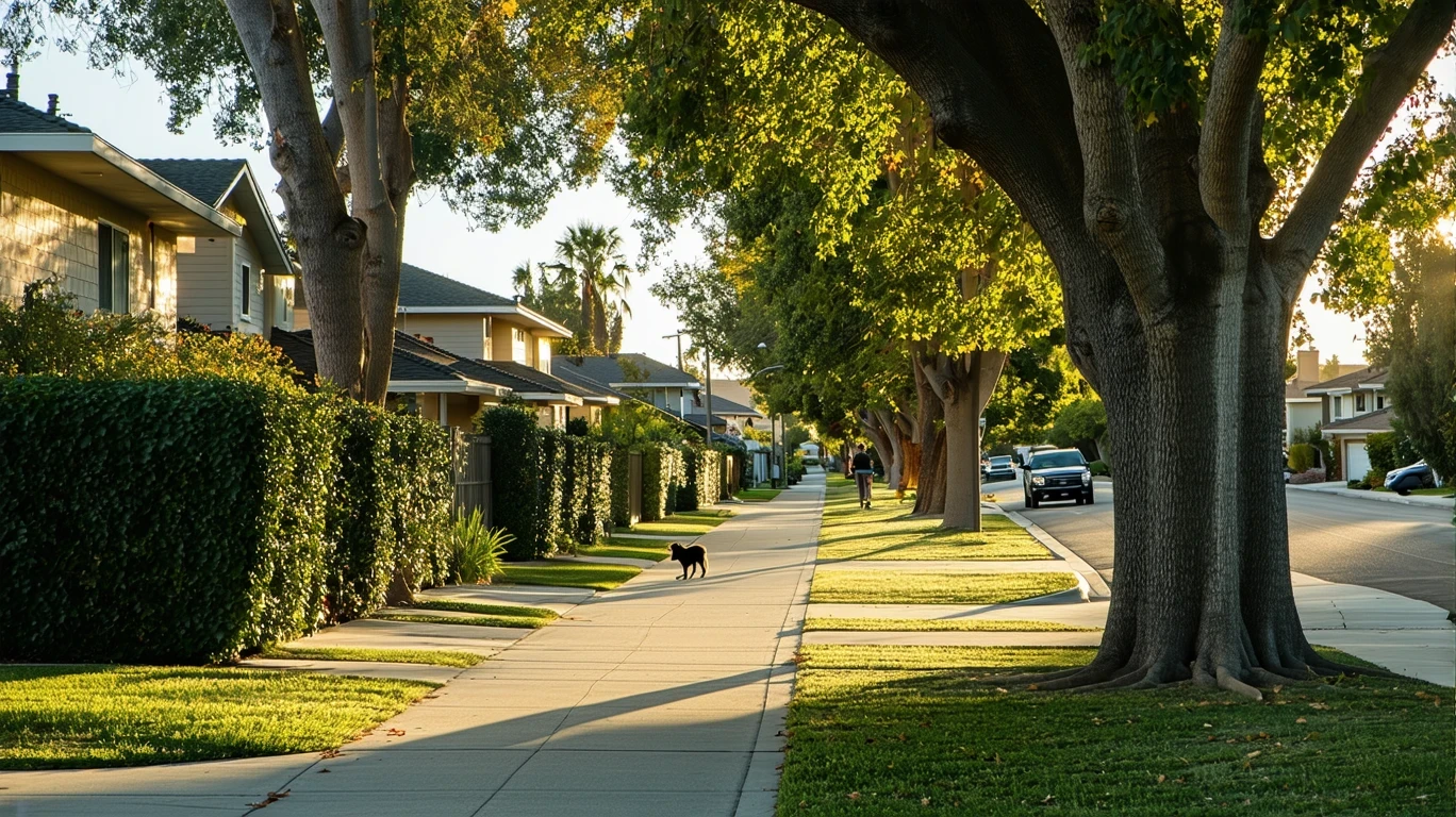 Tree-lined sidewalk curving through a sunlit Buena Park neighborhood with homes visible.