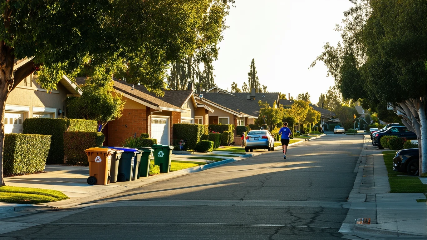A suburban street in Buena Park, California lined with red-brick homes and a jogger running past trash bins on the curb.