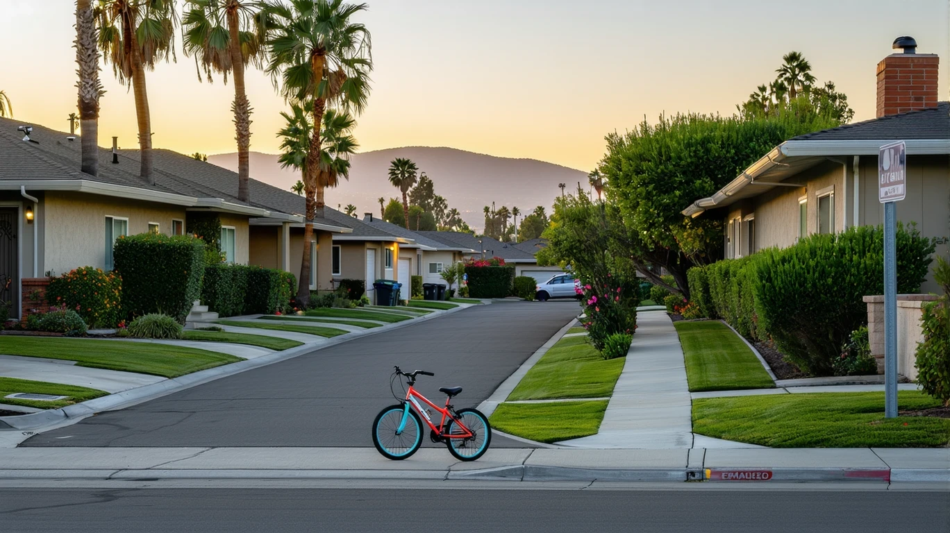 A quiet cul-de-sac in a Buena Park suburb at dusk, with a child's bicycle near the curb and porch lights glowing warmly.