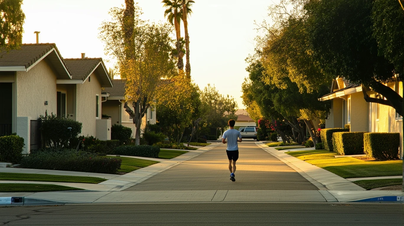 A tree-lined residential street in Buena Park, CA at sunrise with modest one-story homes and a jogger on the sidewalk.