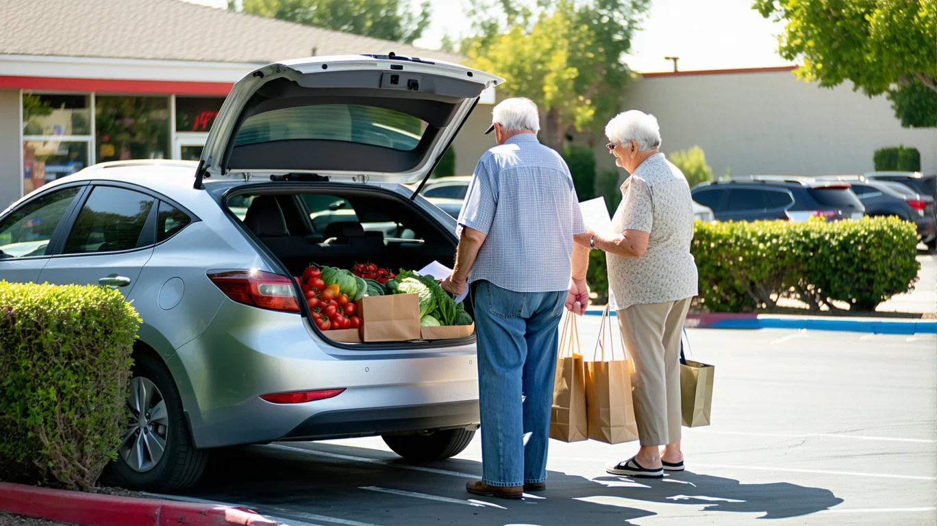 An older couple reviewing their grocery receipt beside a car trunk full of shopping bags outside a store on a sunny day.