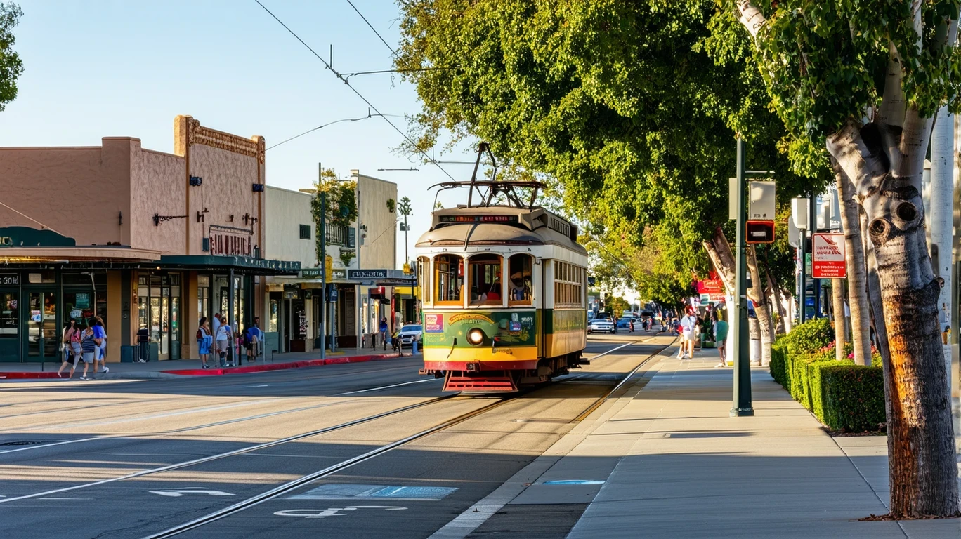 A colorful trolley car turning onto a tree-lined downtown street in Buena Park, California on a sunny day, with pedestrians walking along the sidewalk.