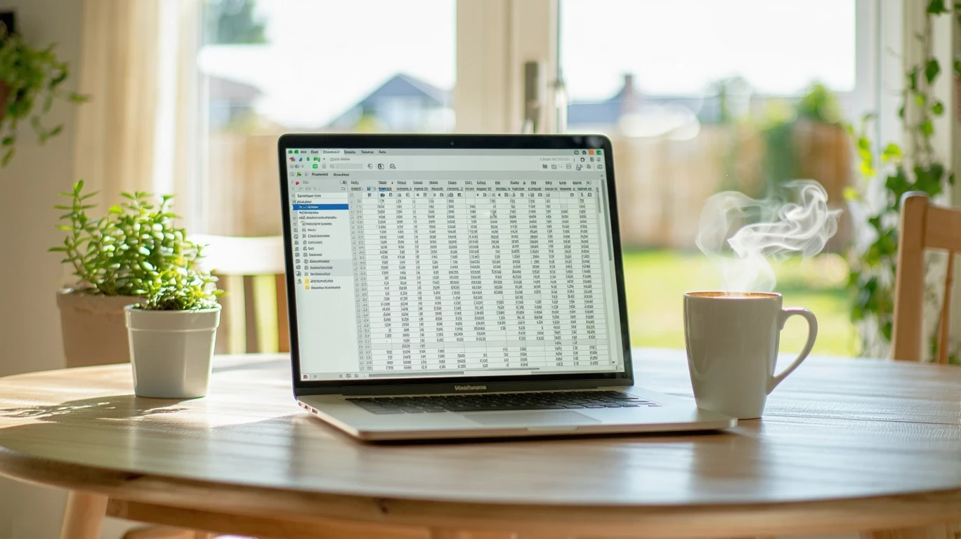 Laptop showing budgeting software next to coffee mug on dining table in Buena Park home.