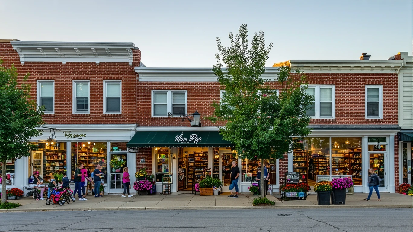 Quaint storefronts and homes along a tree-lined street at dusk in Carmel, Indiana.