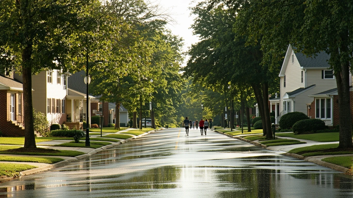 A suburban street in Carmel, Indiana on a sunny day after a rain shower, with reflections of palm trees in puddles and people walking in the distance.