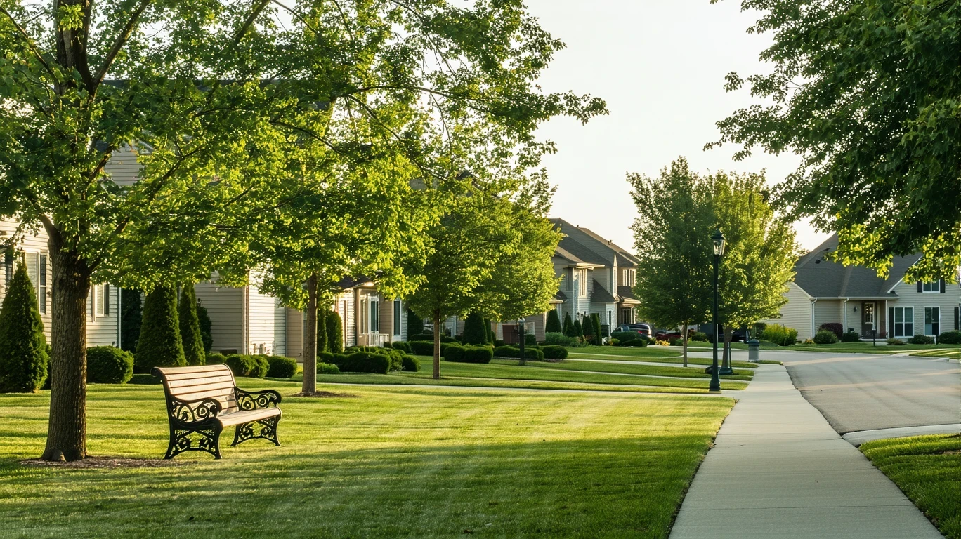 A tree-shaded neighborhood park with a path and bench, viewed from across a residential street in Carmel, Indiana.