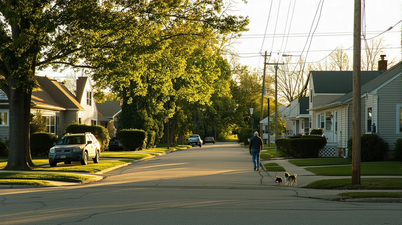 A residential street corner in Carmel, Indiana with modest homes, patchy lawns, a parked car, and a person walking a dog on the sidewalk.