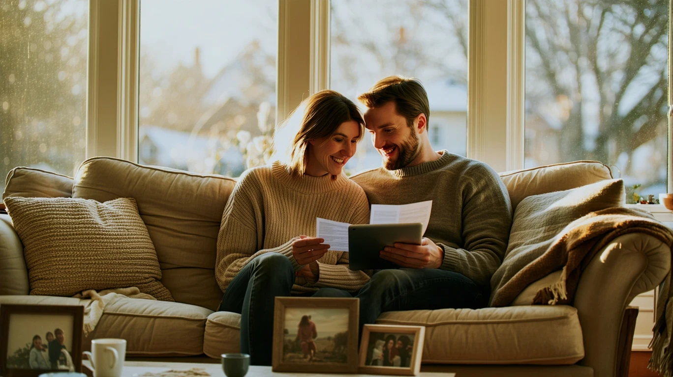 A couple reviewing bills together on a couch in a Carmel, IN living room.