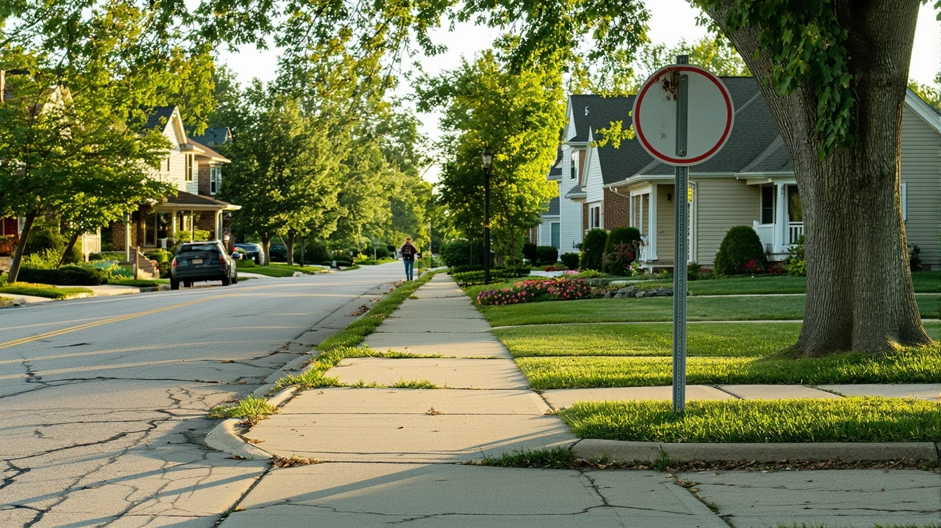 A bus stop sign on a sidewalk corner in a suburban neighborhood with houses and trees.